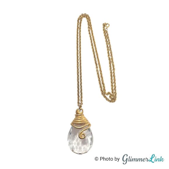 Vintage Large Acrylic Crystal Teardrop Gold Tone Pendant Necklace - Picture 2 of 11